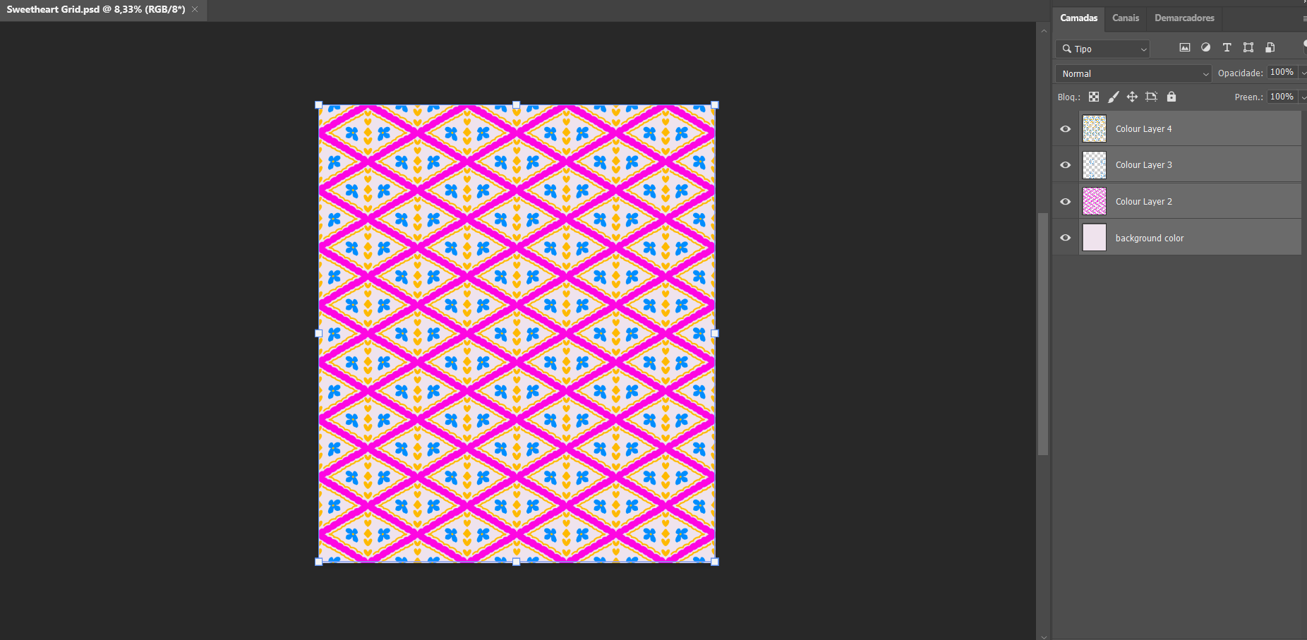 Photoshop screenshot showing the Sweetheart Grid pattern split into separate colour layers